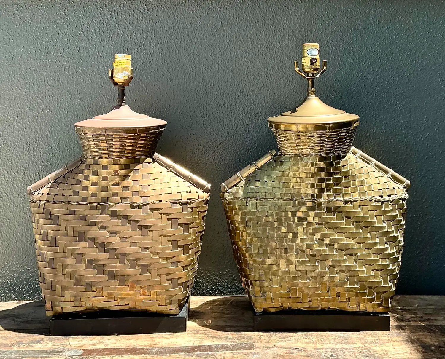 Vintage Chapman Woven Brass Table Lamps - A Pair - Back view