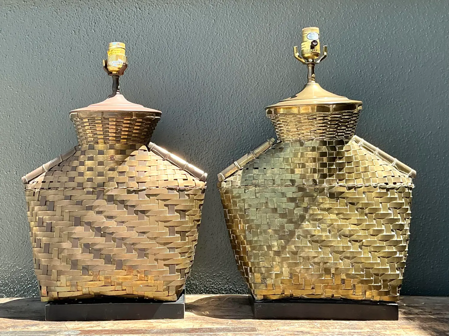 Vintage Chapman Woven Brass Table Lamps - A Pair - Top view