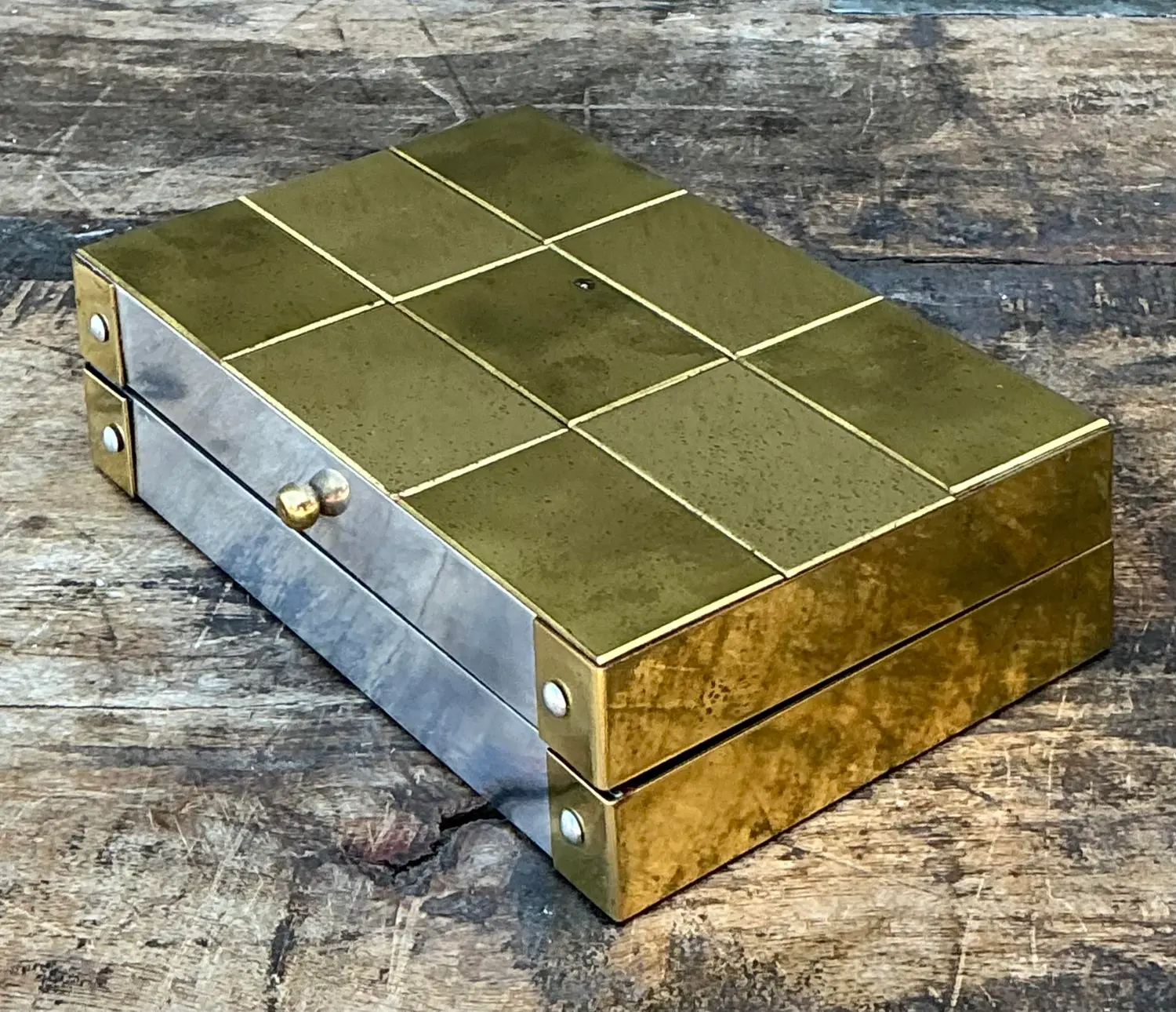 Vintage Checkerboard Brass Small Box - Detail view