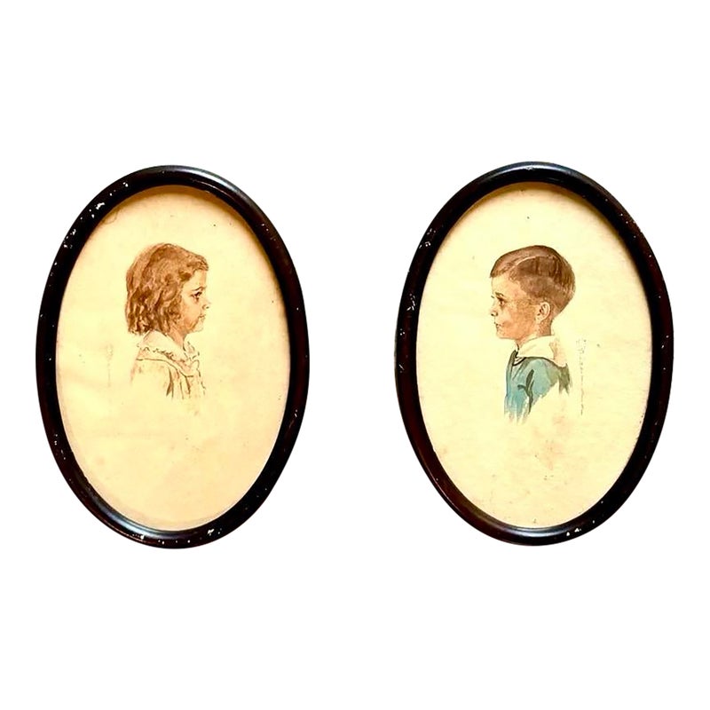 Vintage Children Portrait Duo in Oval Frame - Set of 2