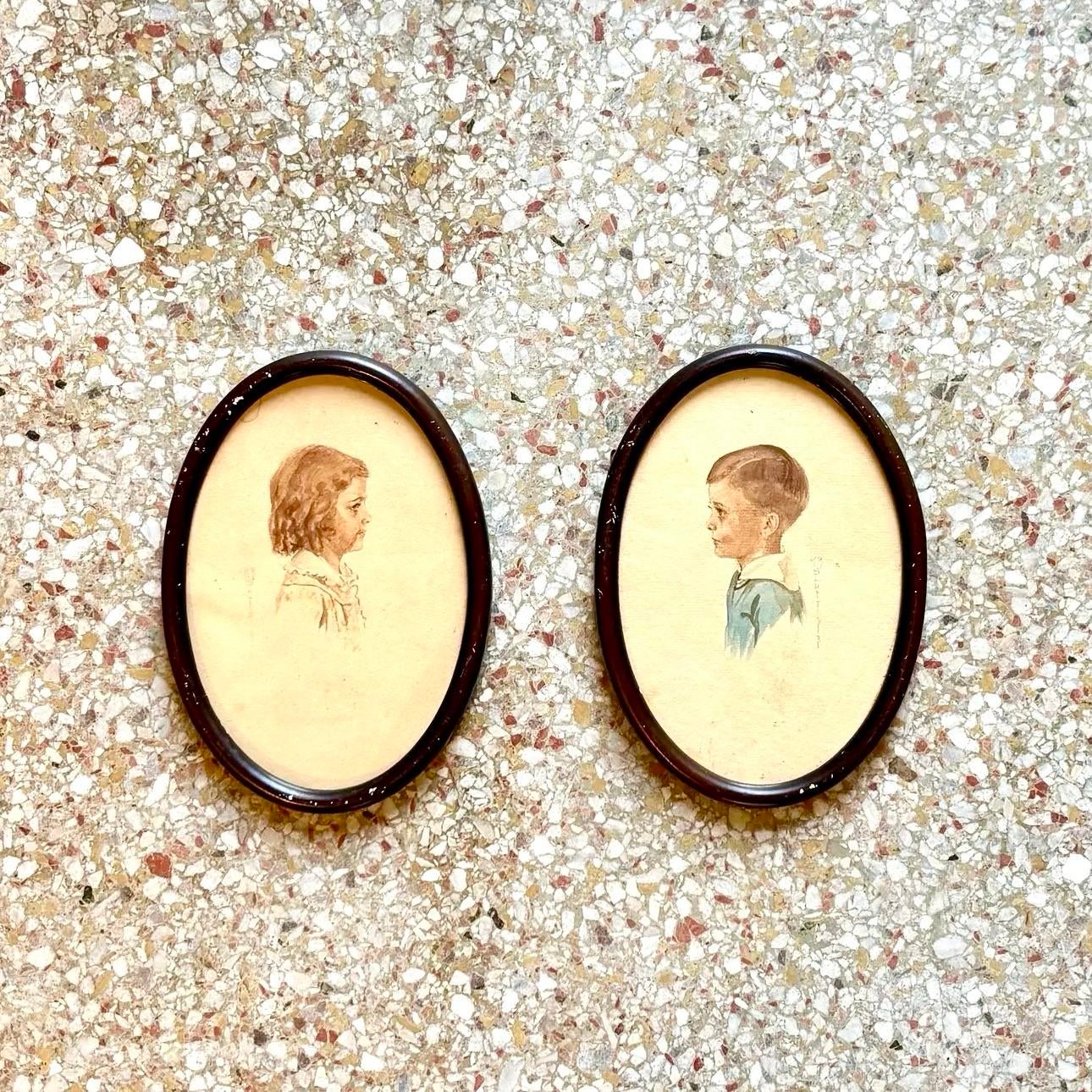 Vintage Children Portrait Duo in Oval Frame - Set of 2 - Top view