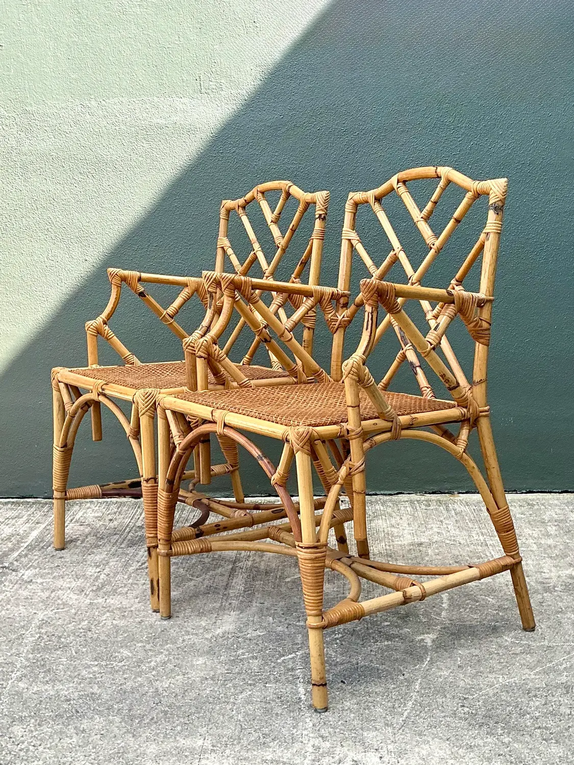 Vintage Chinese Chippendale Rattan Dining Chairs - Detail view