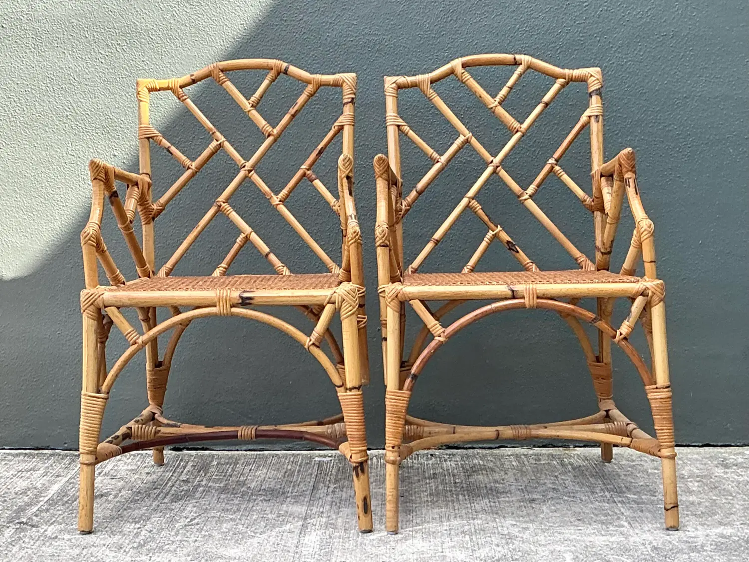Vintage Chinese Chippendale Rattan Dining Chairs - Side view
