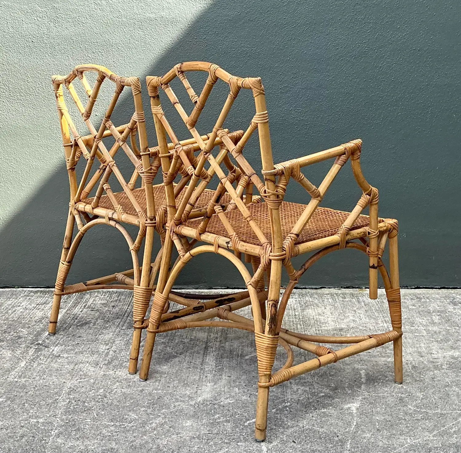 Vintage Chinese Chippendale Rattan Dining Chairs - Back view