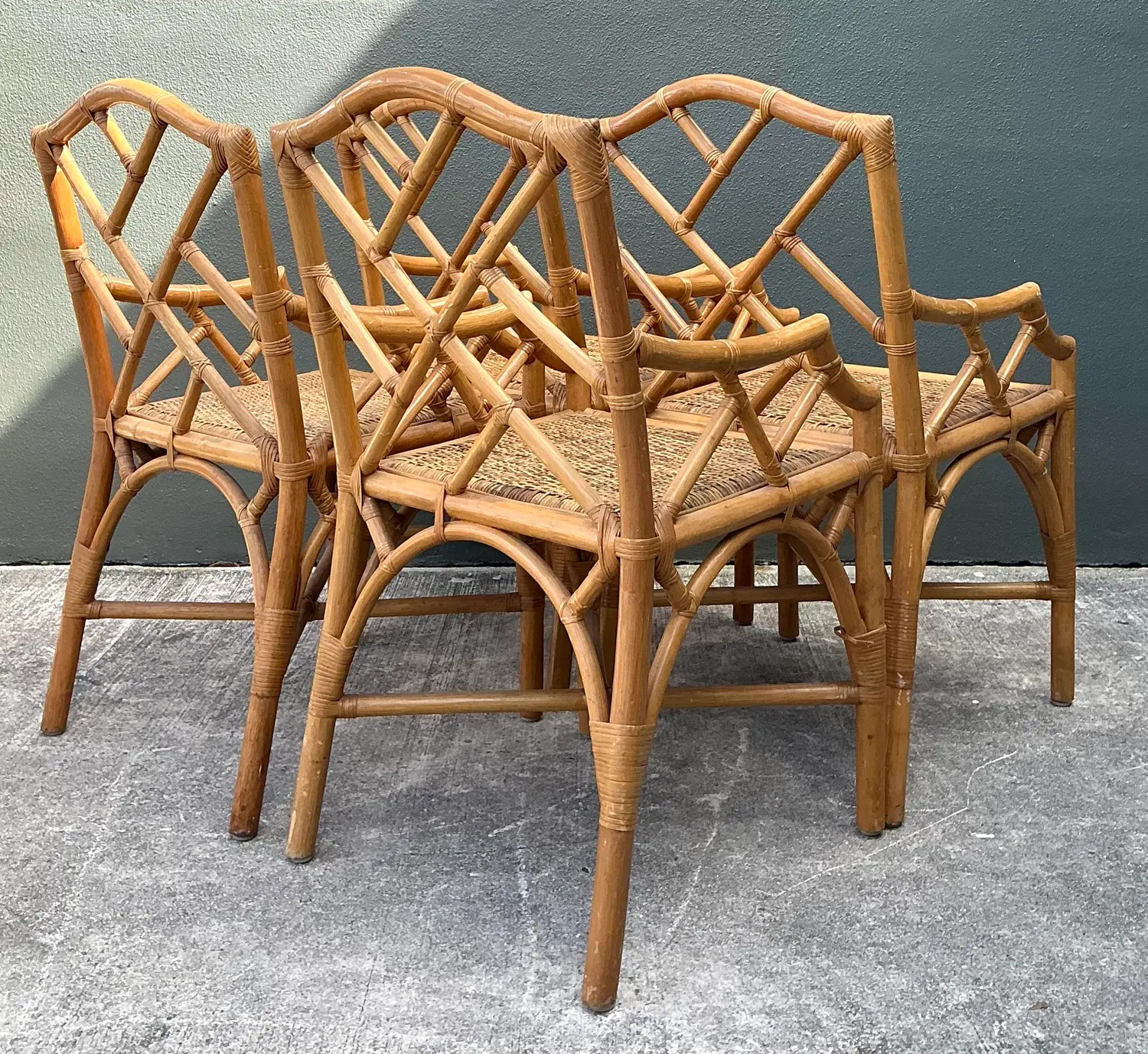 Vintage Chinese Chippendale Rattan Dining Chairs - Set of 4 - Back view