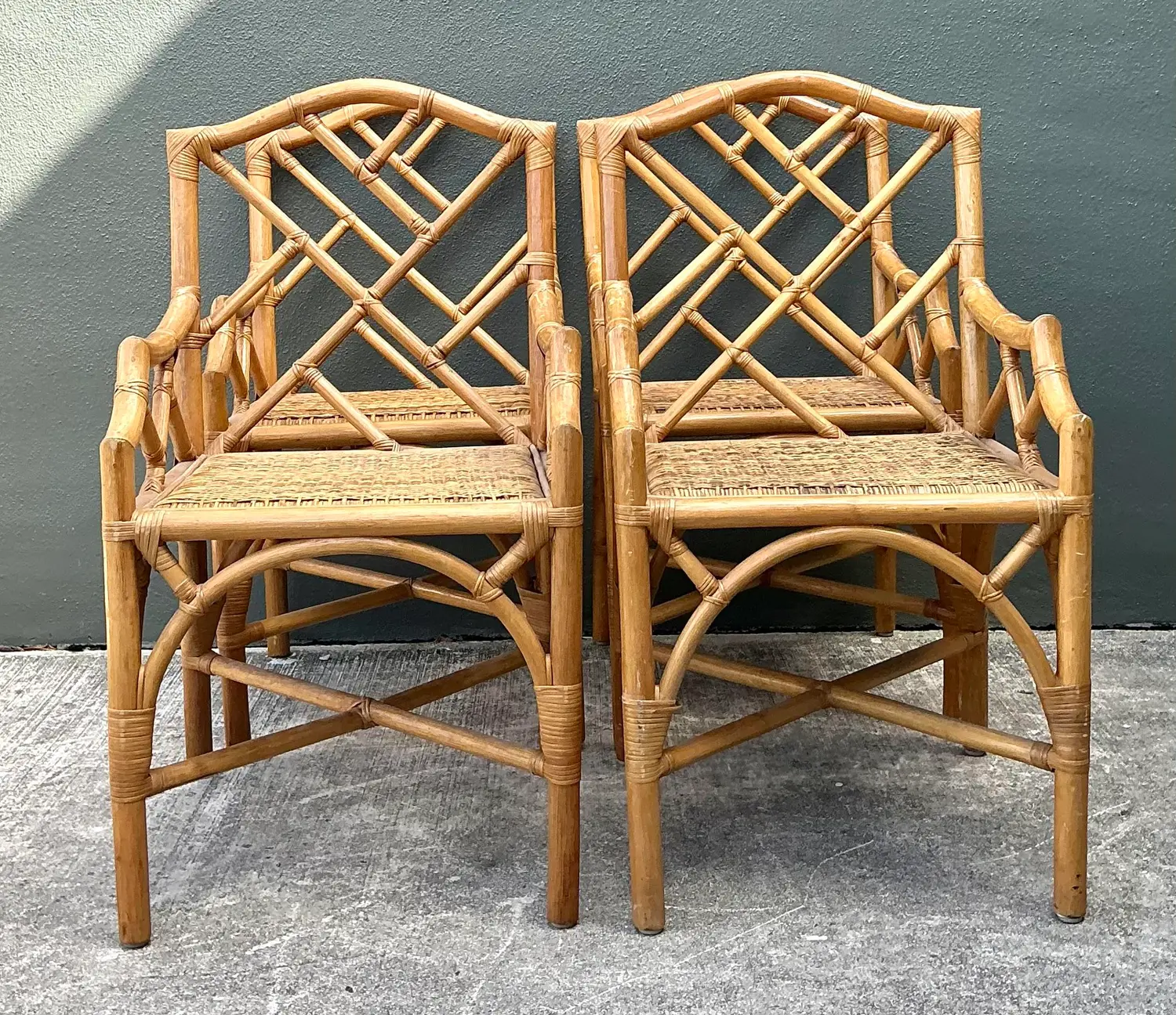 Vintage Chinese Chippendale Rattan Dining Chairs - Set of 4 - Detail view