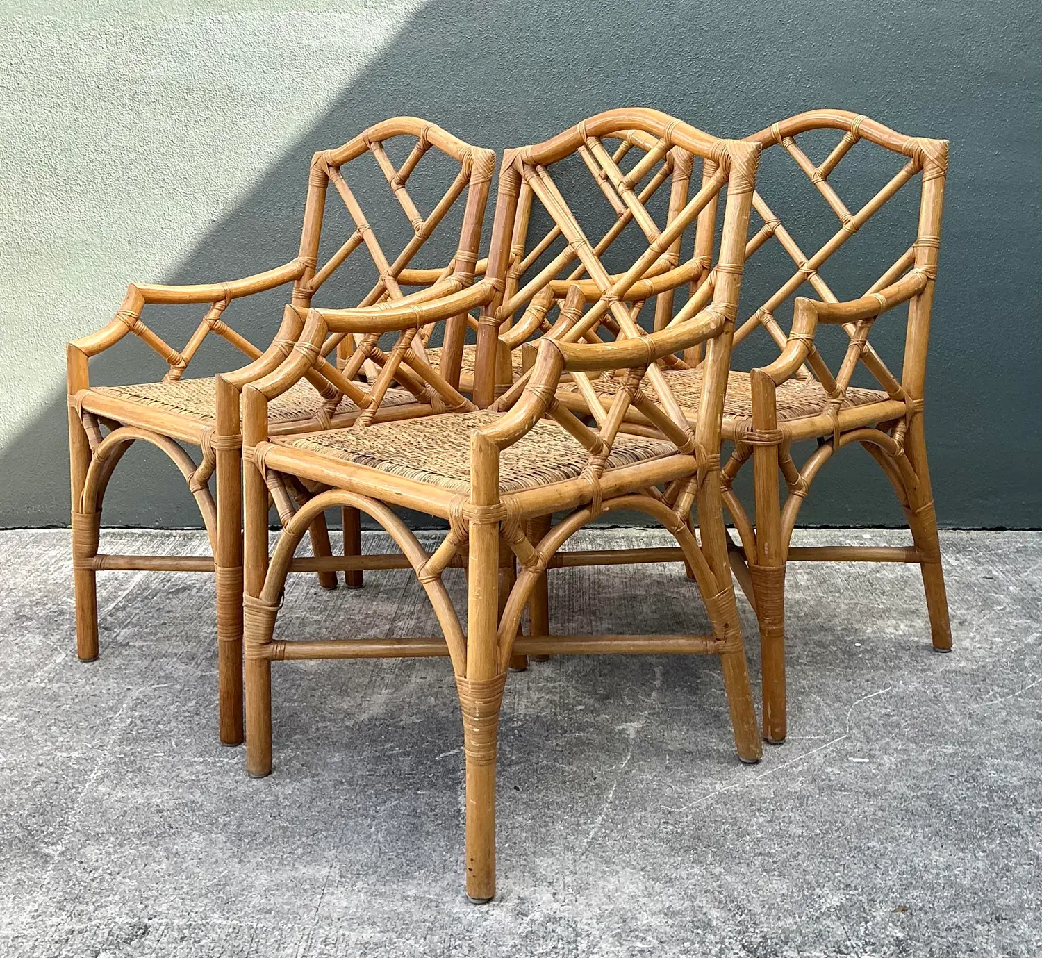 Vintage Chinese Chippendale Rattan Dining Chairs - Set of 4 - Top view