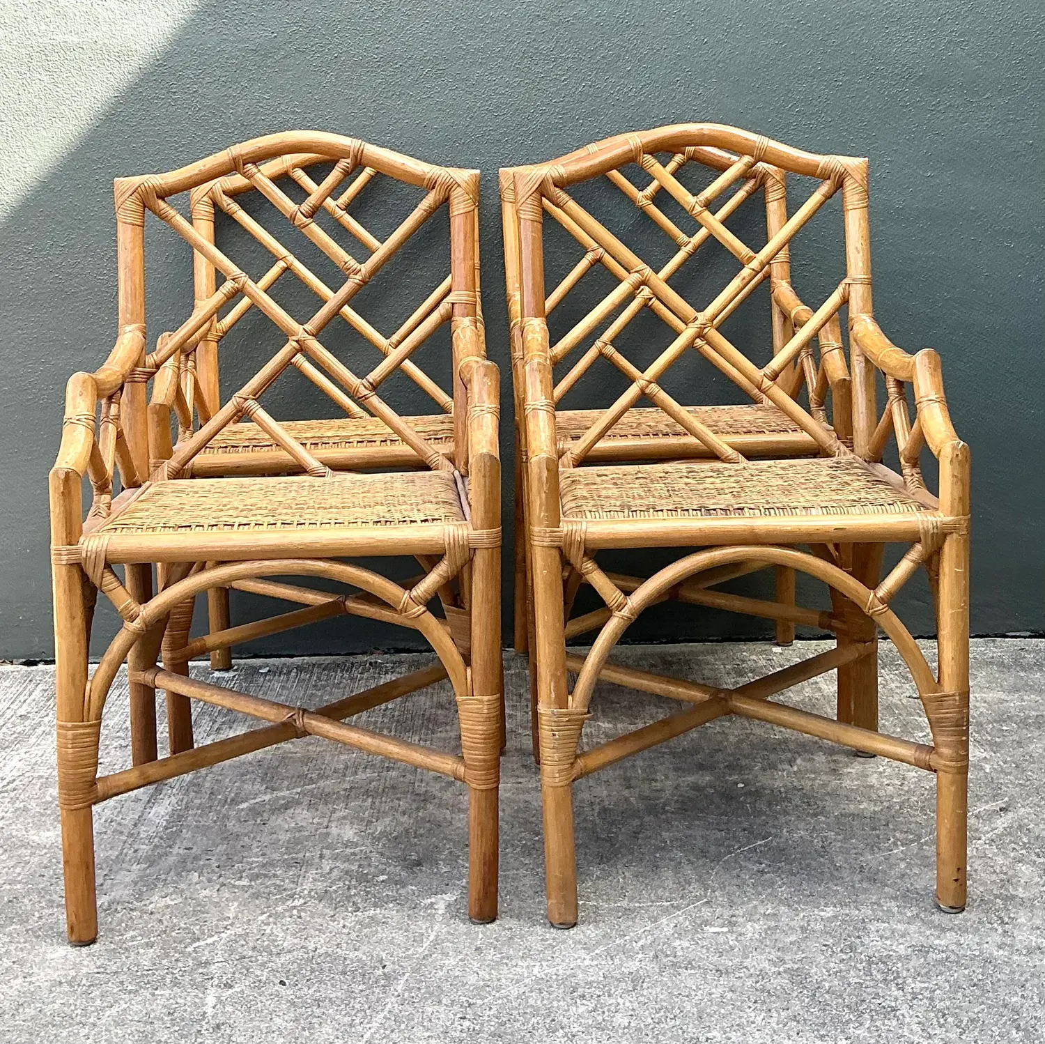 Vintage Chinese Chippendale Rattan Dining Chairs - Set of 4 - Side view