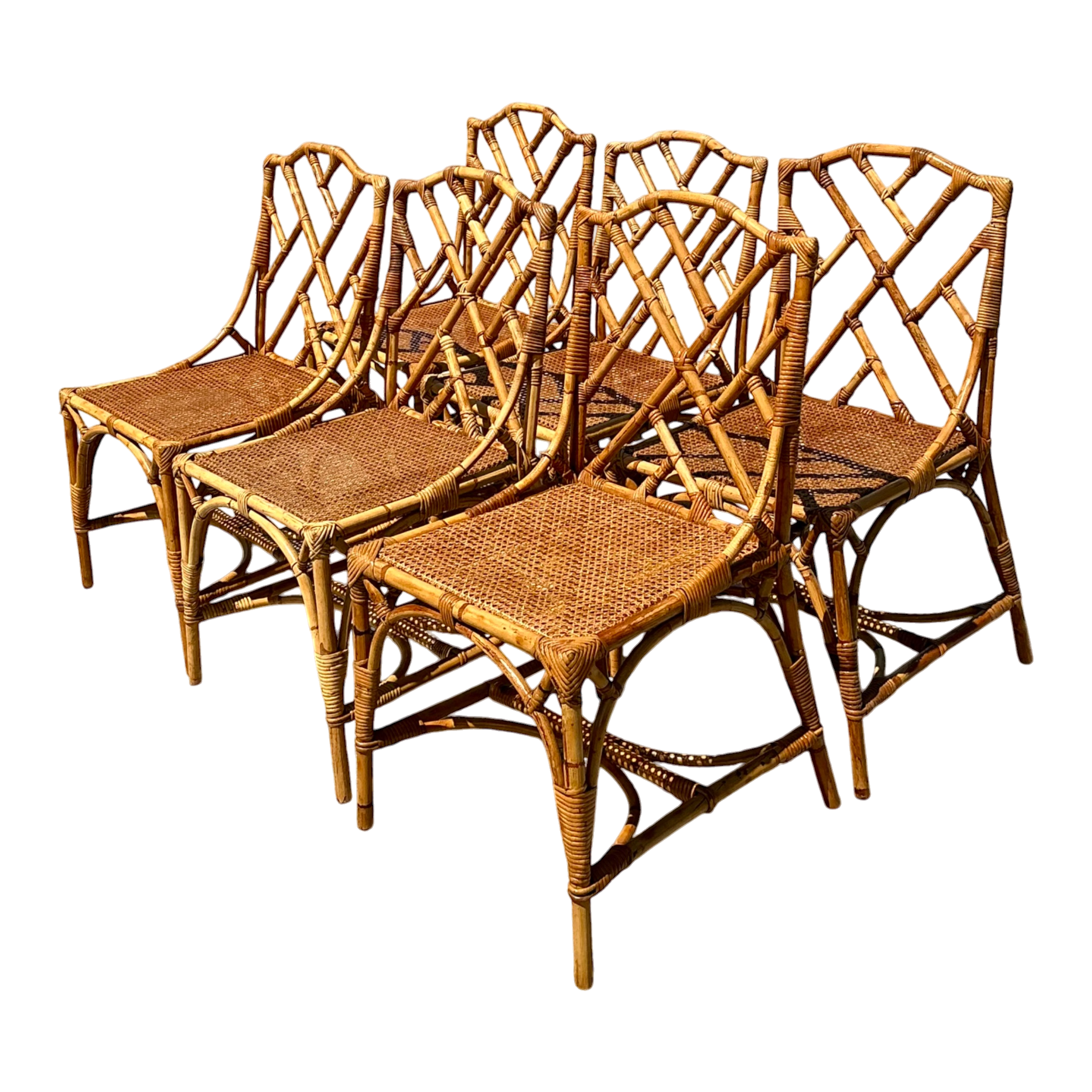 Vintage Chinese Chippendale Rattan Dining Chairs - Set Of 6