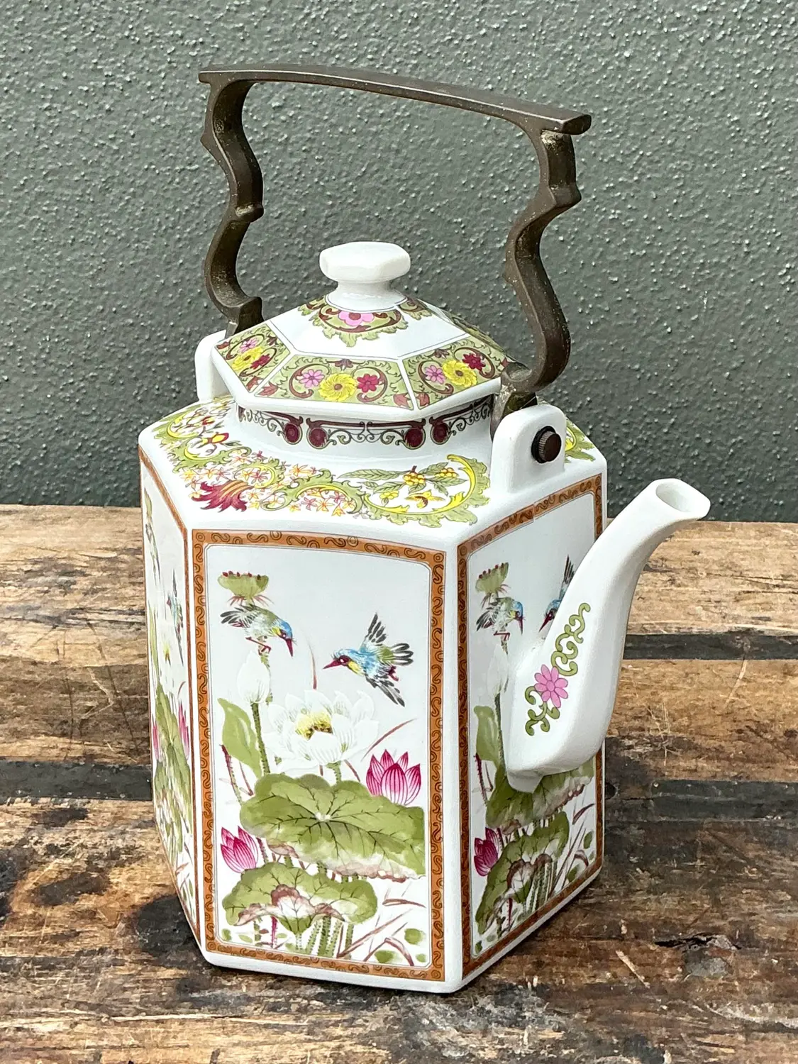 Vintage Chinoiserie Glazed Ceramic Botanical Tea Pot - Detail view