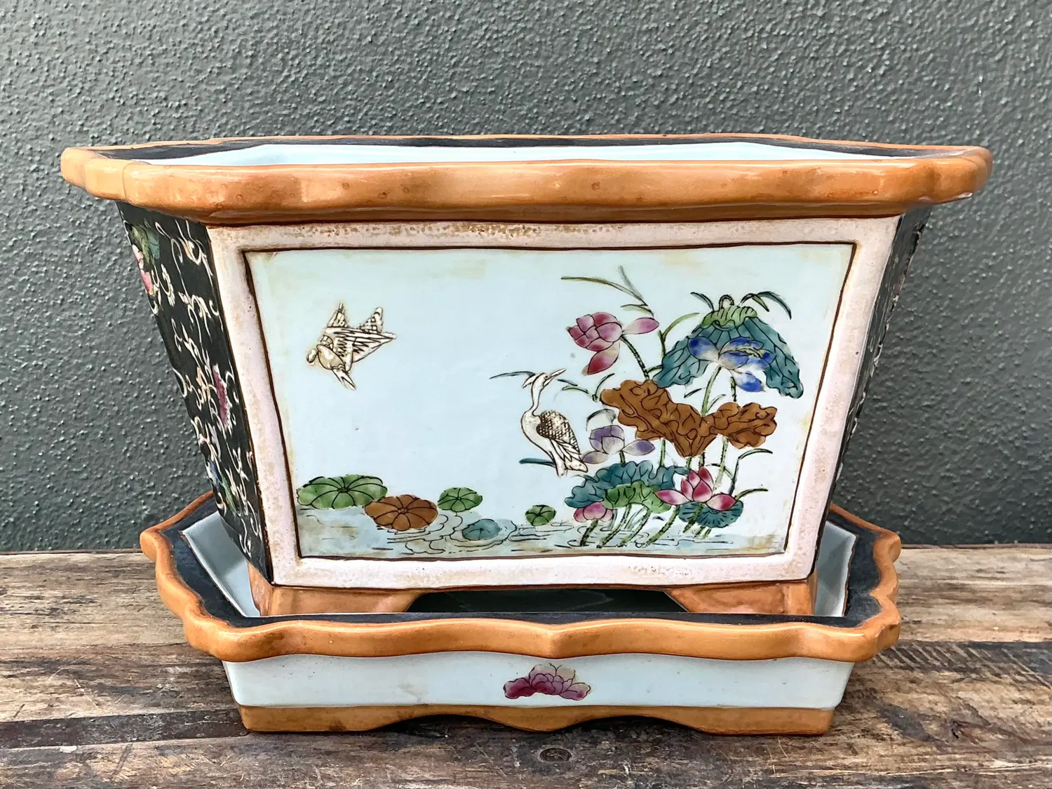 Vintage Chinoiserie Glazed Ceramic Planter - Back view