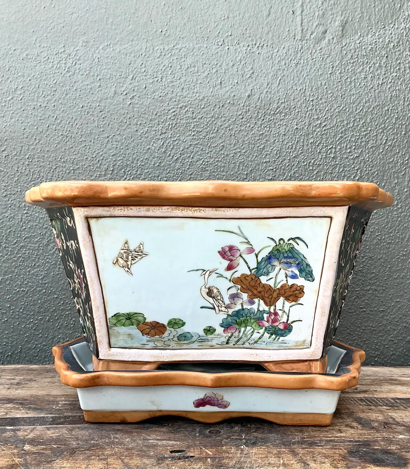 Vintage Chinoiserie Glazed Ceramic Planter - Top view