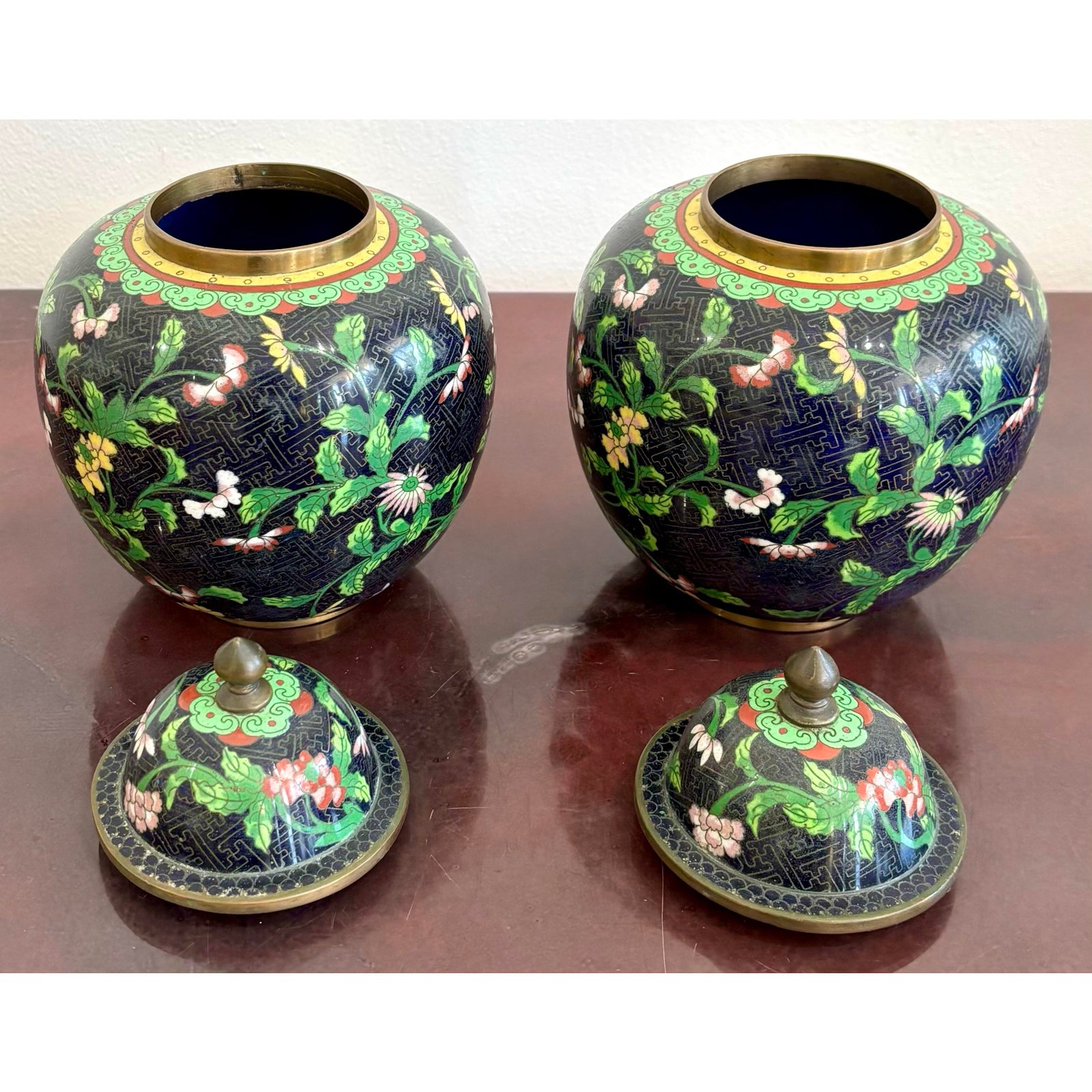 Vintage Cloisonné Ginger Jars - Set of 2 - Top view