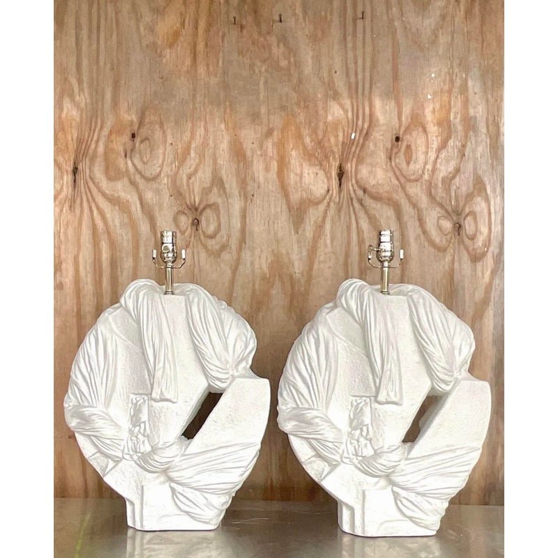 Vintage Coastal Abstract Knot Plaster Lamps - a Pair - Detail view