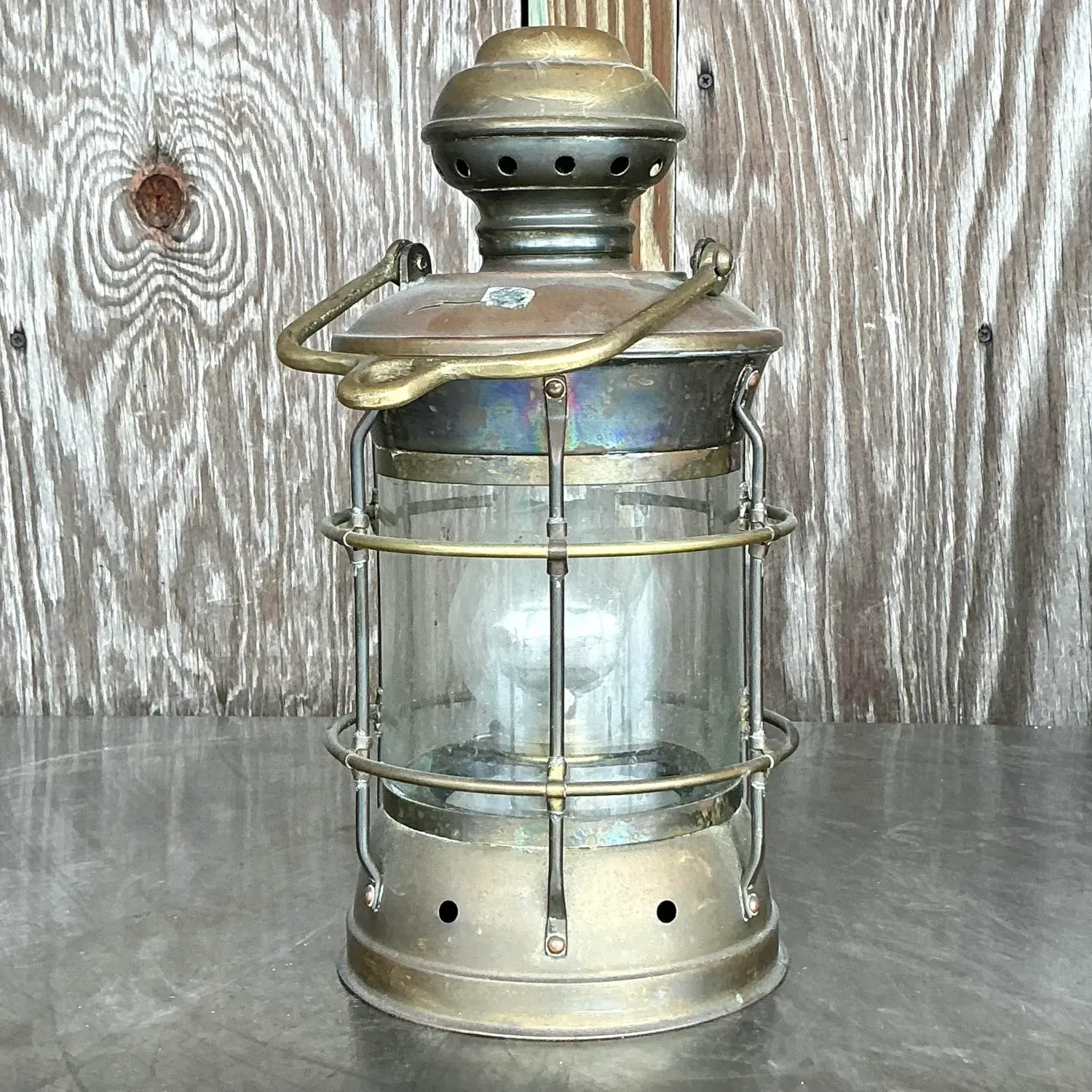 Vintage Coastal Anchor Brass Oil Lantern - Side view