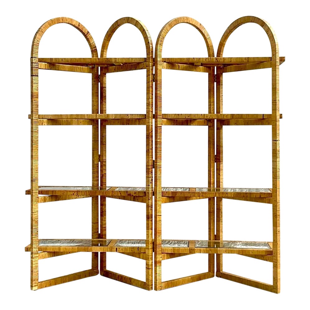 Vintage Coastal Arched Folding Rattan Etagere - Detail view