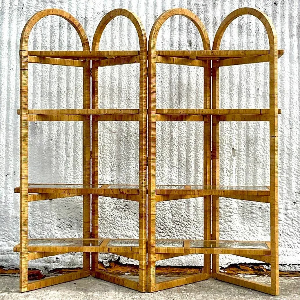 Vintage Coastal Arched Folding Rattan Etagere - Side view