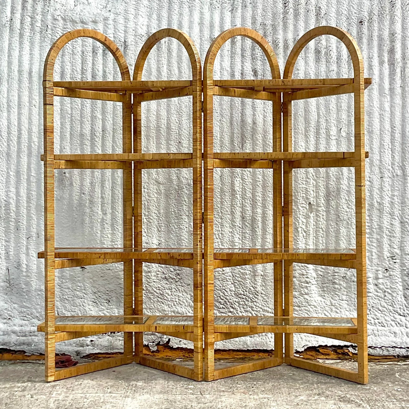 Vintage Coastal Arched Folding Rattan Etagere - Top view
