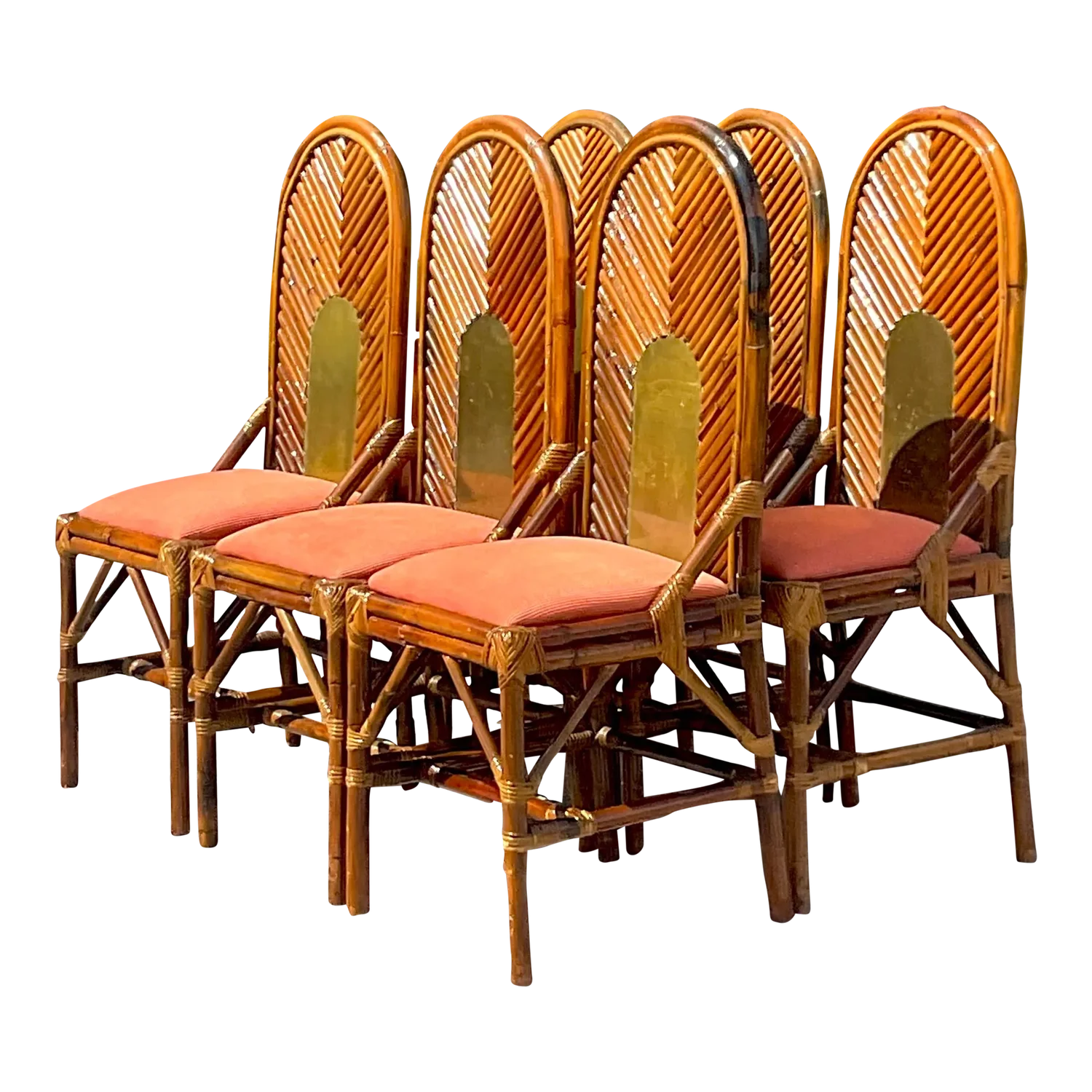 Vintage Coastal Arched Rattan and Brass Dining Chairs After Vivai Del Sud - Set - Detail view