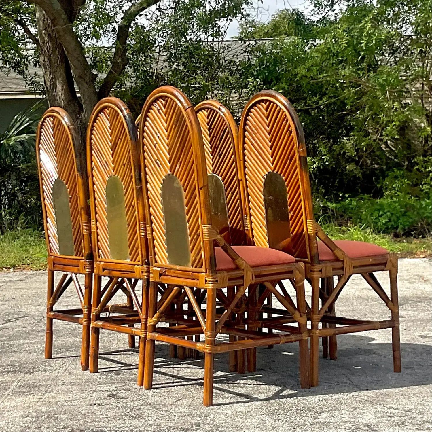 Vintage Coastal Arched Rattan and Brass Dining Chairs After Vivai Del Sud - Set - Side view