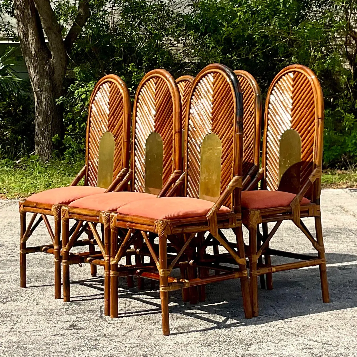 Vintage Coastal Arched Rattan and Brass Dining Chairs After Vivai Del Sud - Set - Top view