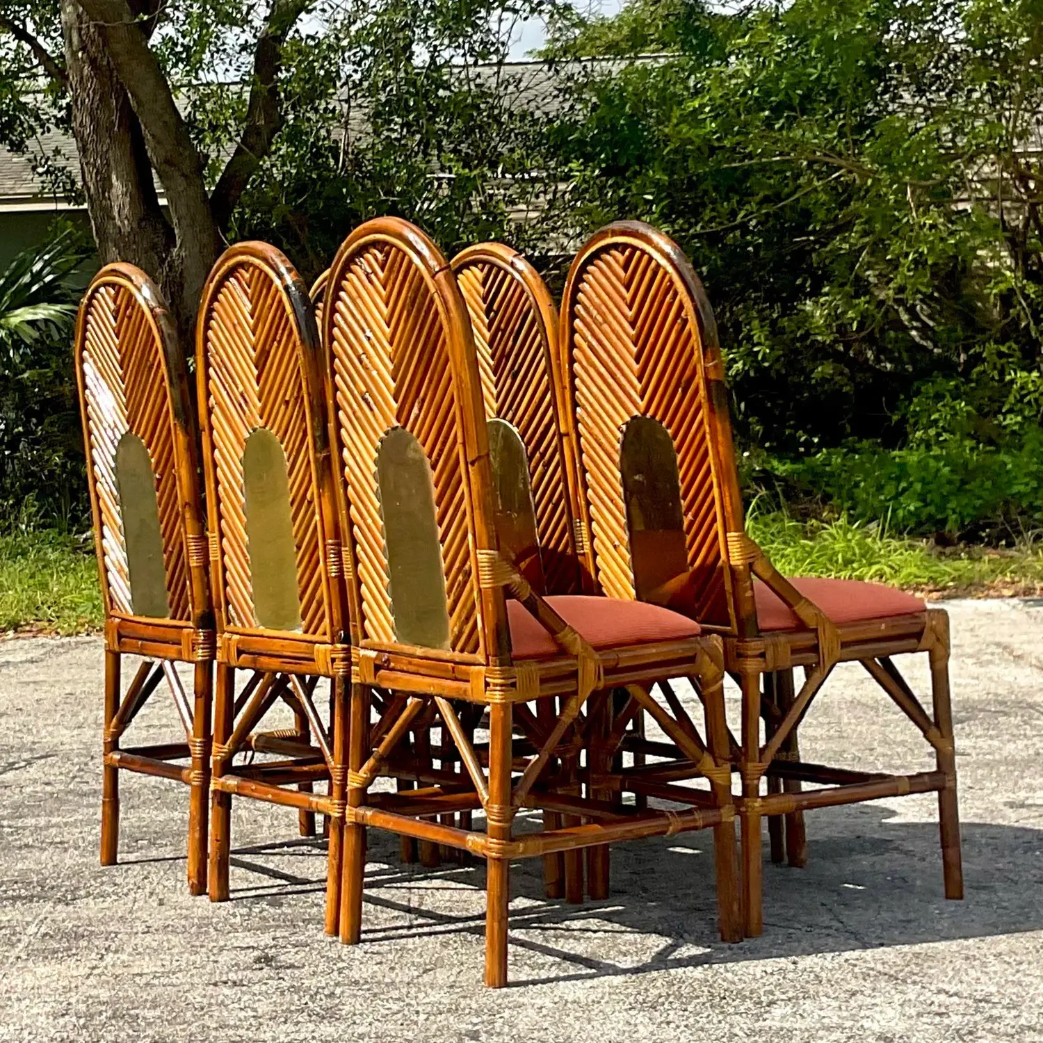Vintage Coastal Arched Rattan and Brass Dining Chairs After Vivai Del Sud - Set - Back view
