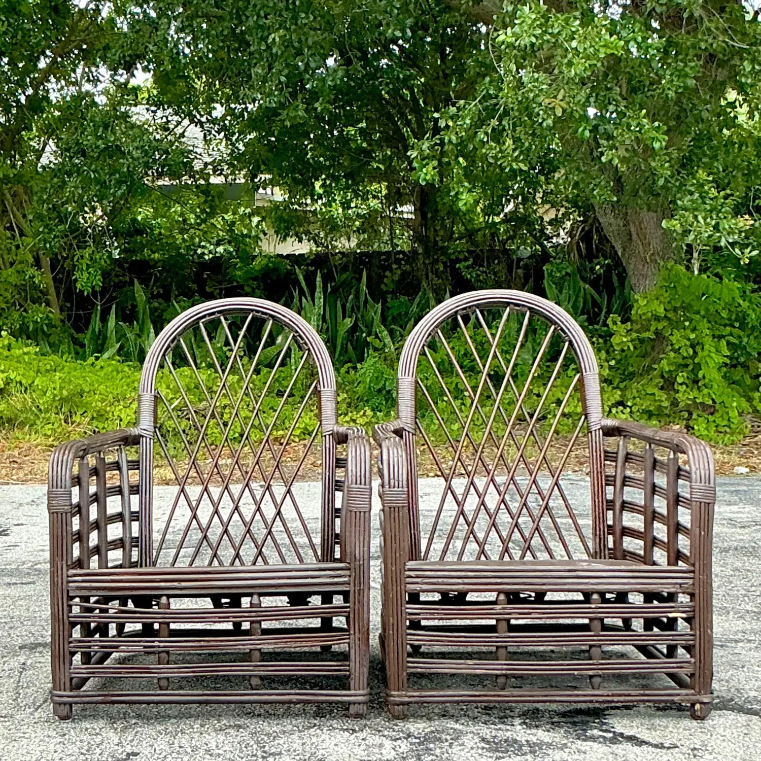 Vintage Coastal Arched Rattan Lounge Chairs - a Pair - Detail view