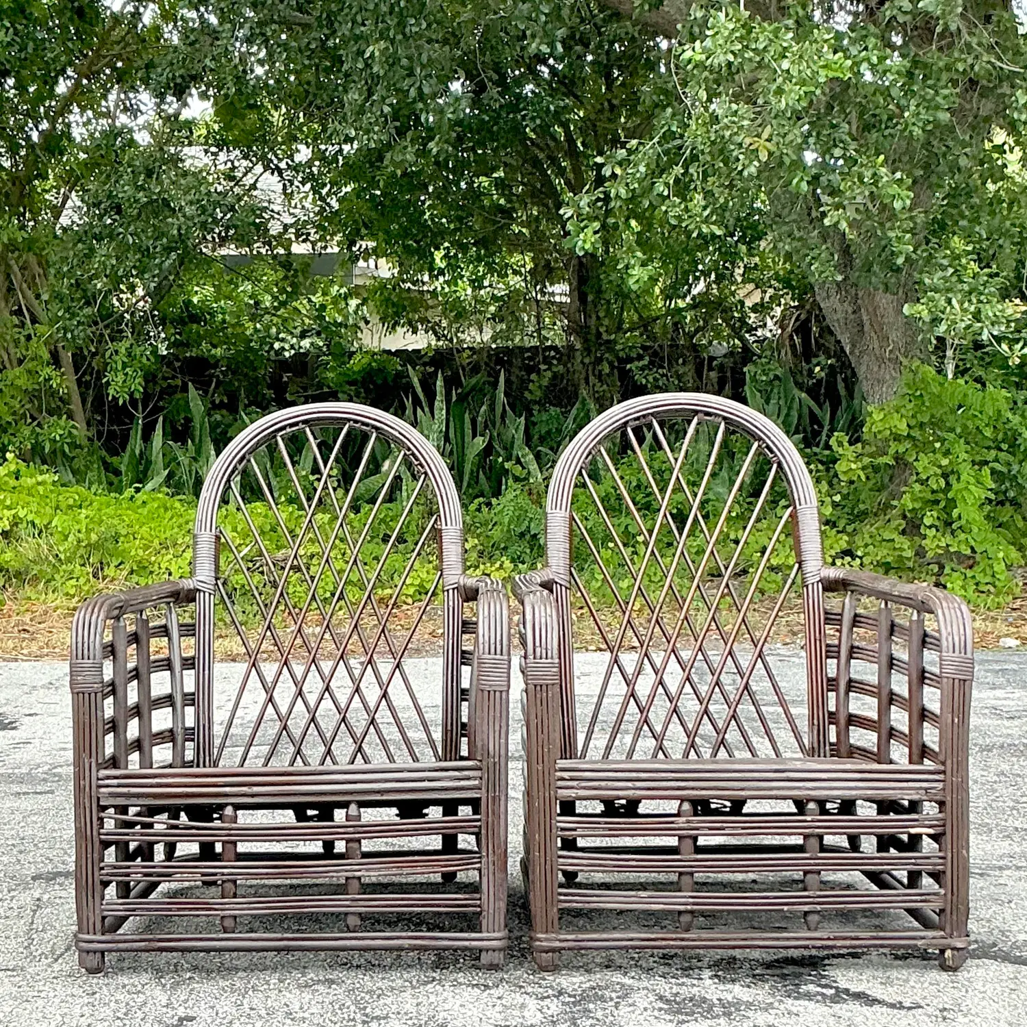 Vintage Coastal Arched Rattan Lounge Chairs - a Pair - Back view