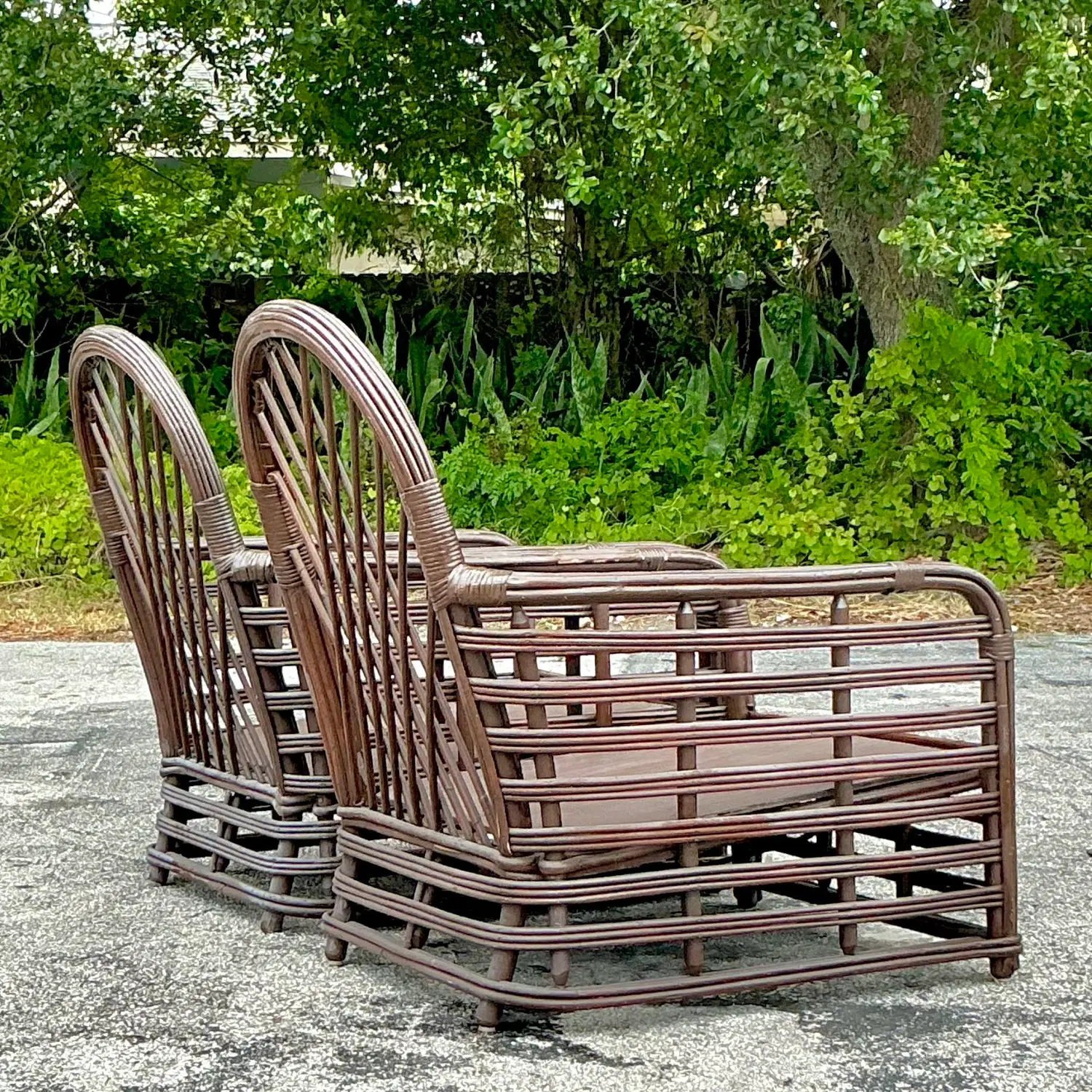Vintage Coastal Arched Rattan Lounge Chairs - a Pair - Side view