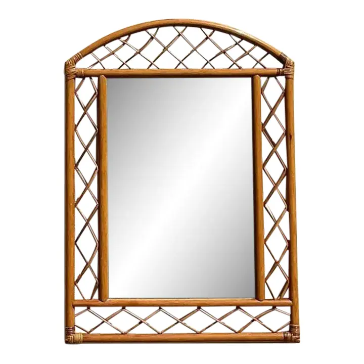 Vintage Coastal Arched Rattan Trellis Wall Mirror