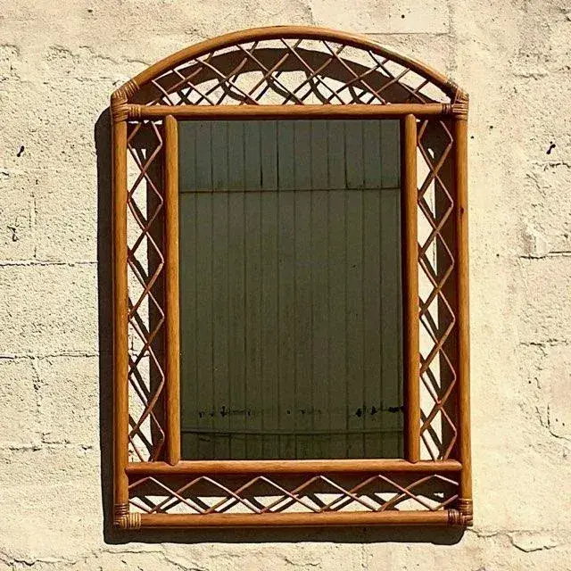 Vintage Coastal Arched Rattan Trellis Wall Mirror - Back view