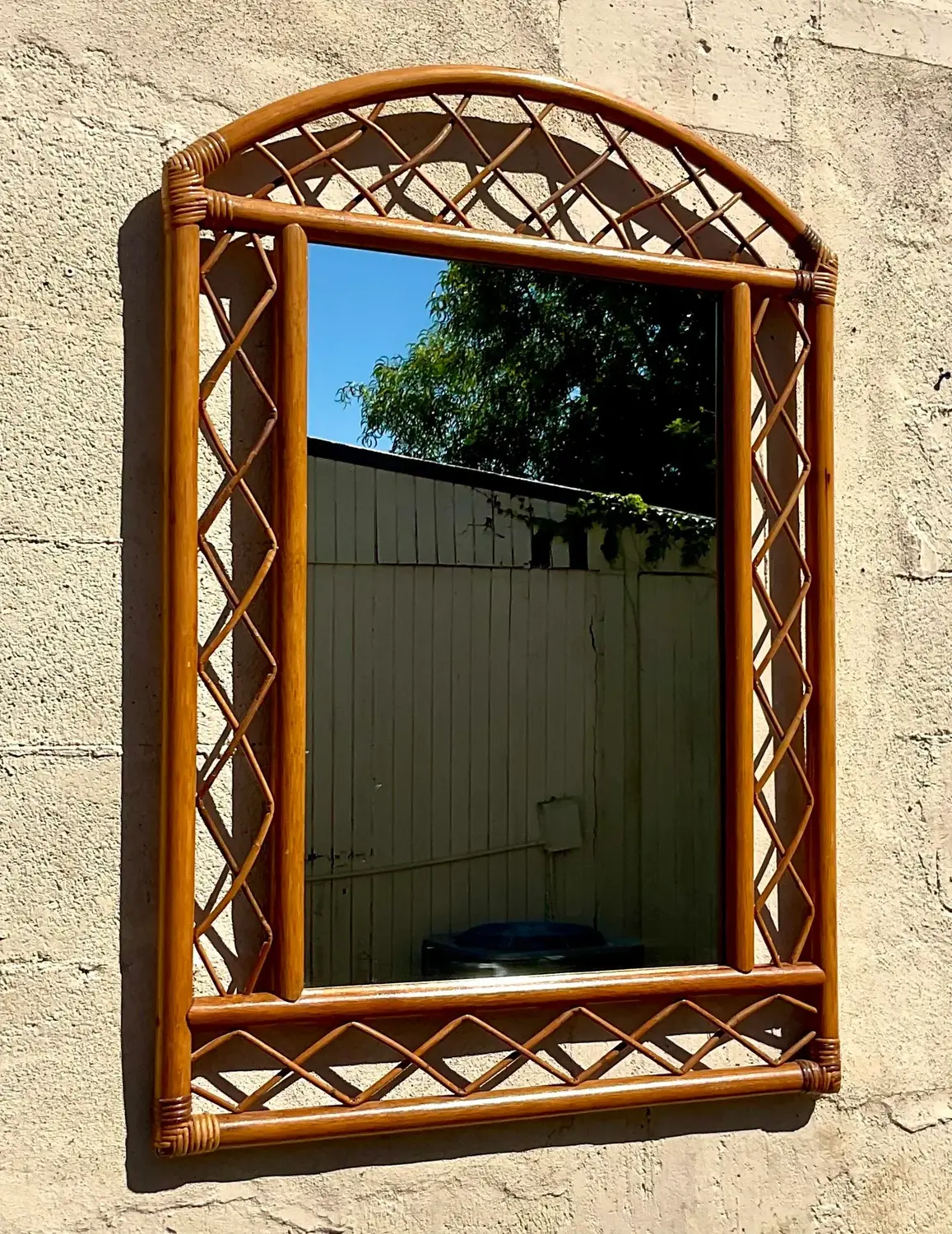 Vintage Coastal Arched Rattan Trellis Wall Mirror - Top view