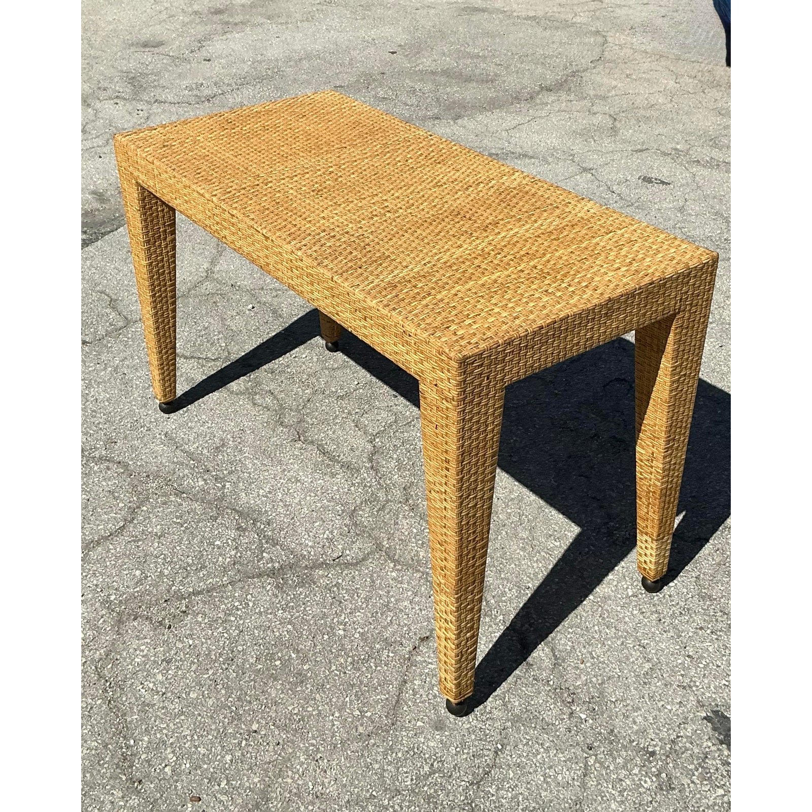 Vintage Coastal Baker Milling Road Woven Rattan Low Console - Detail view