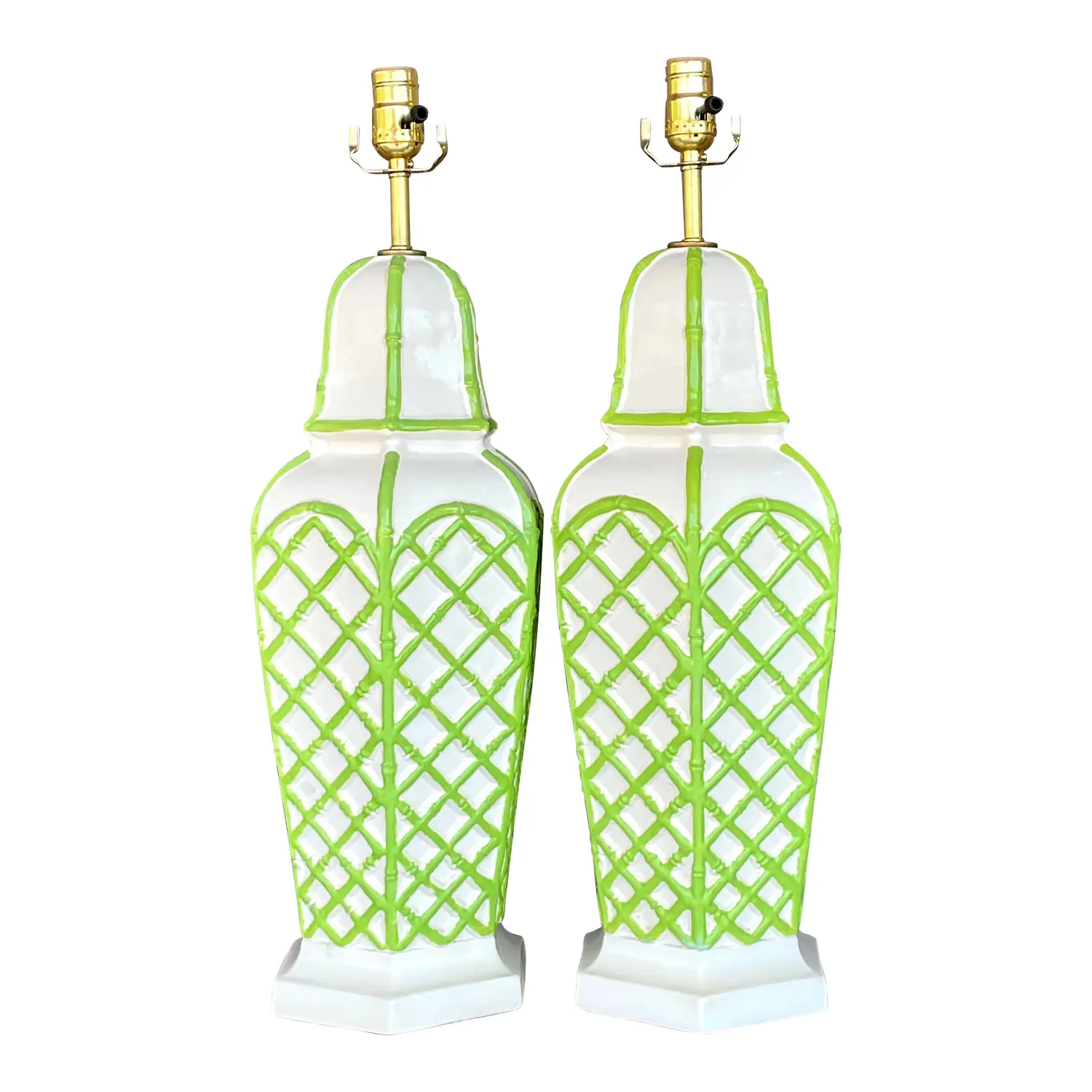 Vintage Coastal Bamboo Trellis Glazed Ceramic Lamps - a Pair
