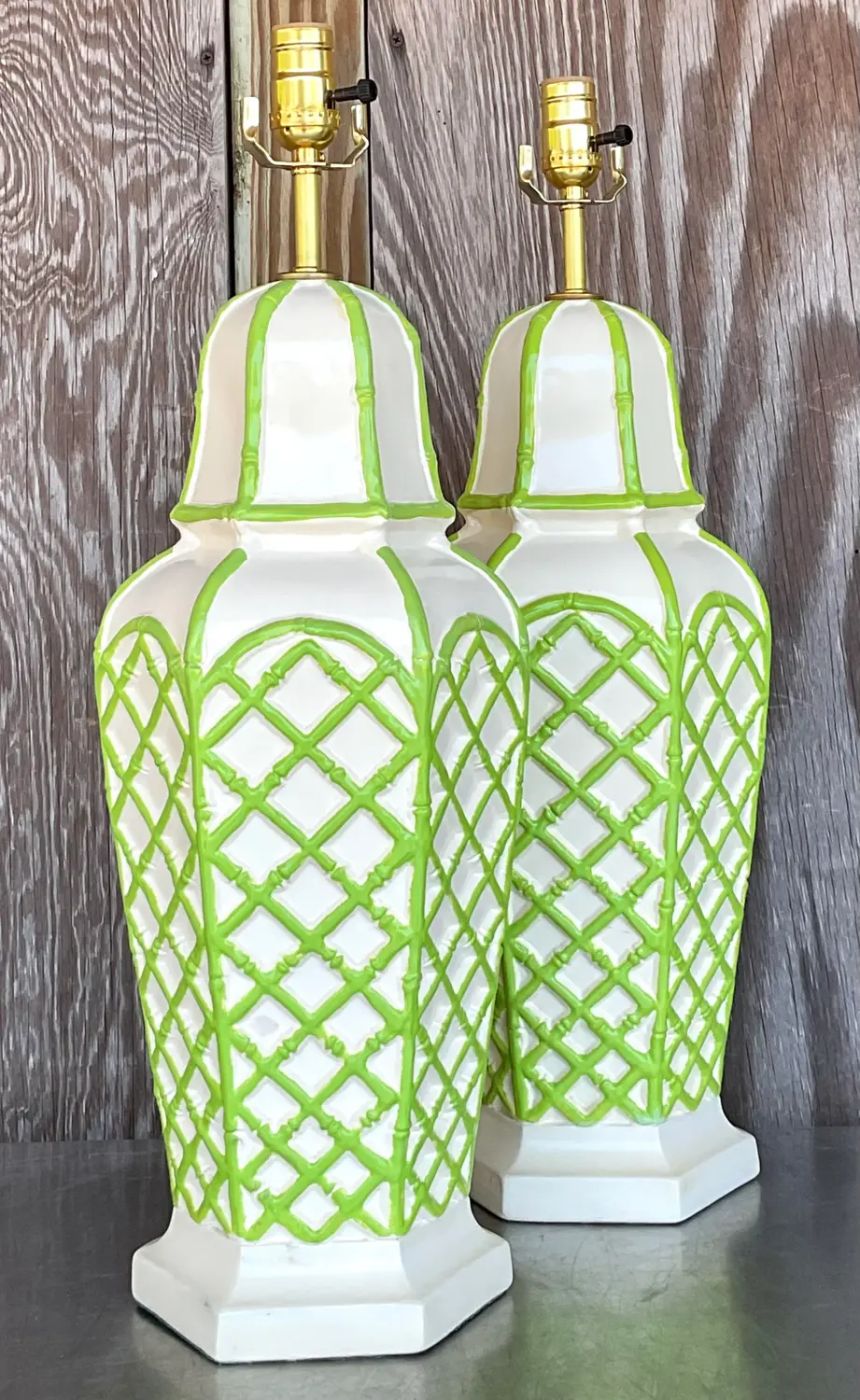 Vintage Coastal Bamboo Trellis Glazed Ceramic Lamps - a Pair - Top view