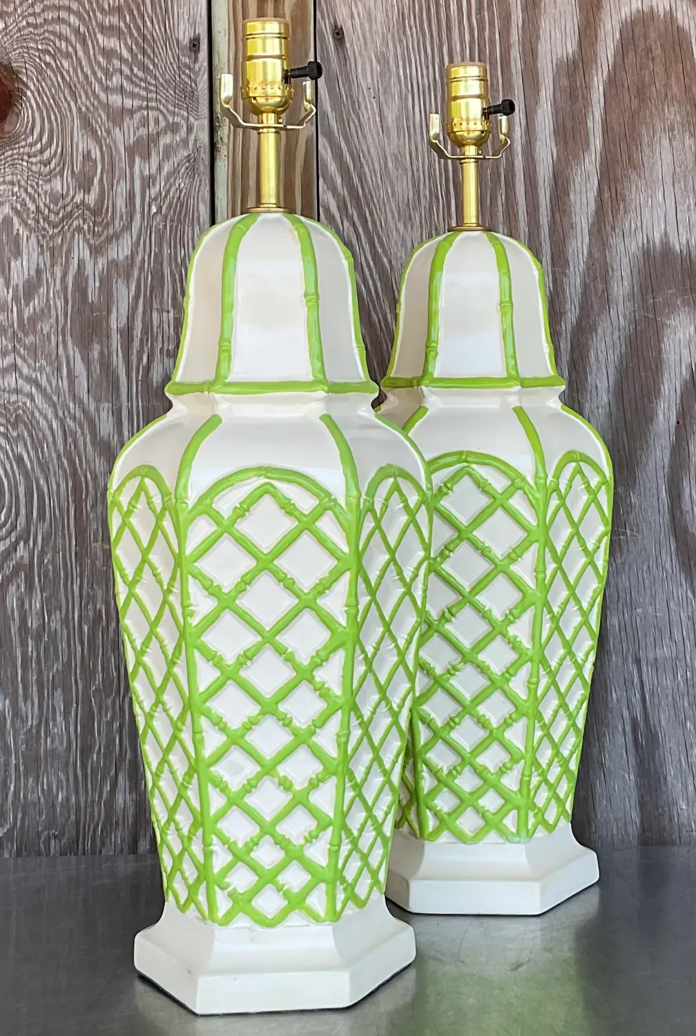 Vintage Coastal Bamboo Trellis Glazed Ceramic Lamps - a Pair - Detail view