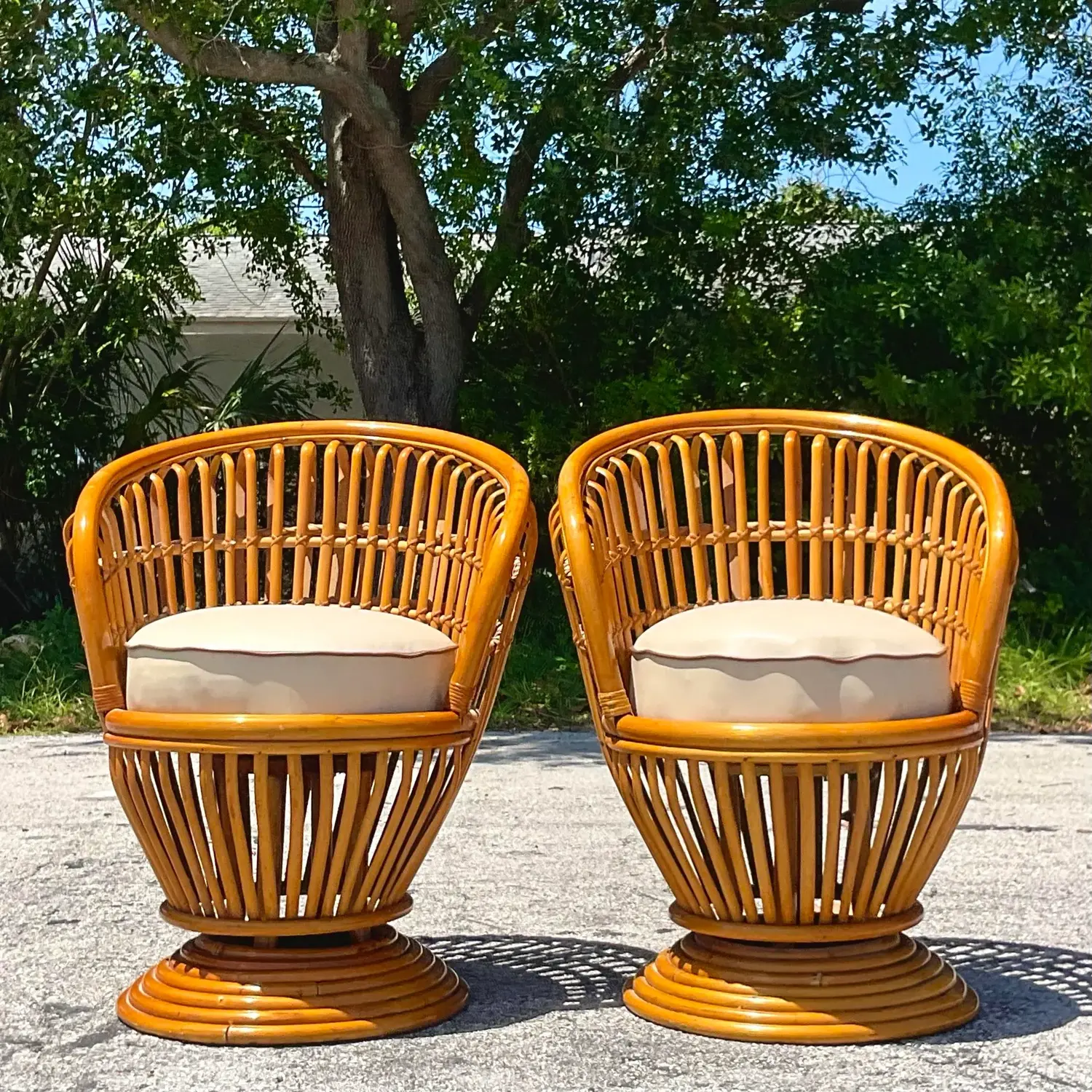 Vintage Coastal Bent Pretzel Rattan Swivel Chairs After Albini - a Pair