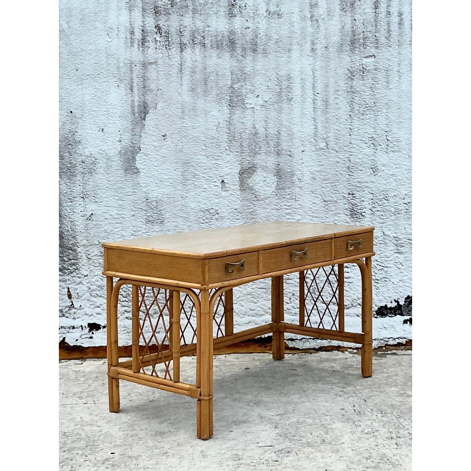 Vintage Coastal Bent Rattan Desk - Side view