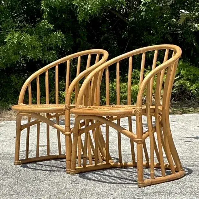 Vintage Coastal Bent Rattan Lounge Chairs - a Pair - Side view