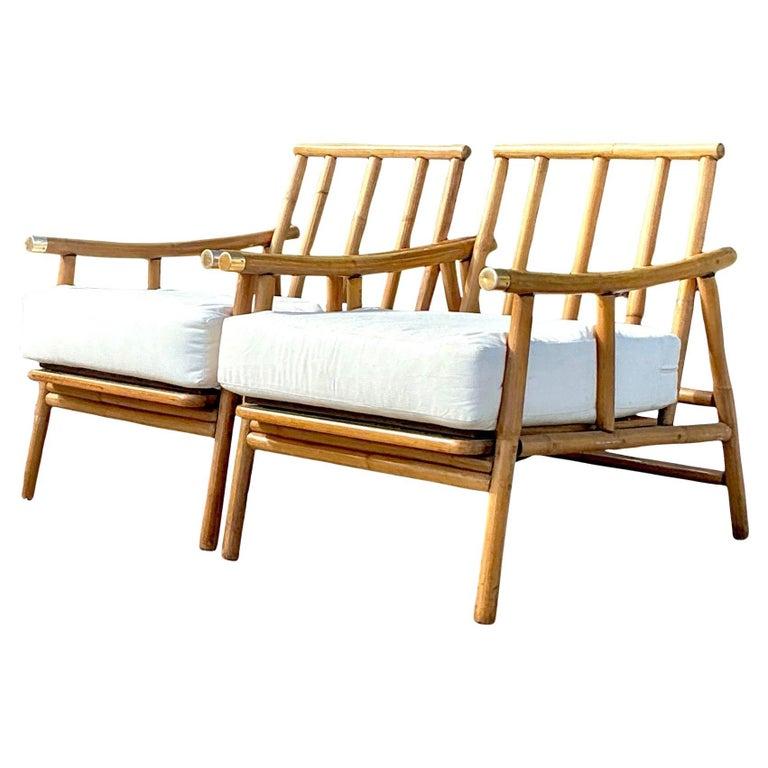 Vintage Coastal Bent Rattan Pagoda Lounge Chairs - A Pair - Detail view