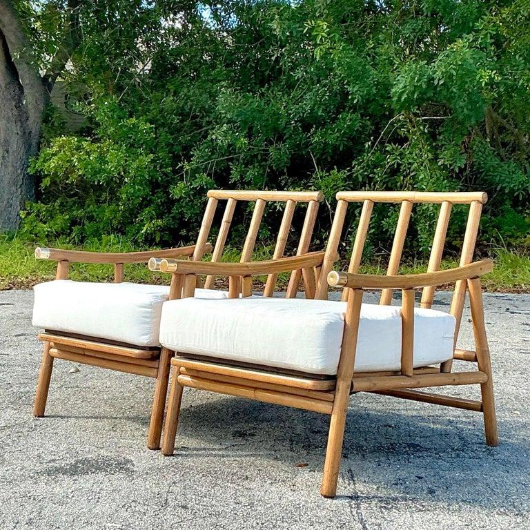 Vintage Coastal Bent Rattan Pagoda Lounge Chairs - A Pair - Side view