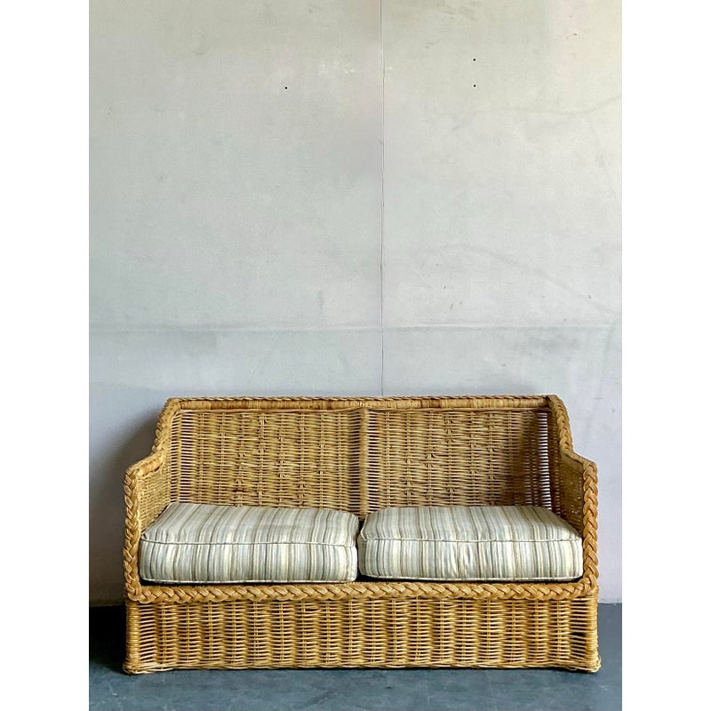 Vintage Coastal Braided Rattan Loveseat - Back view