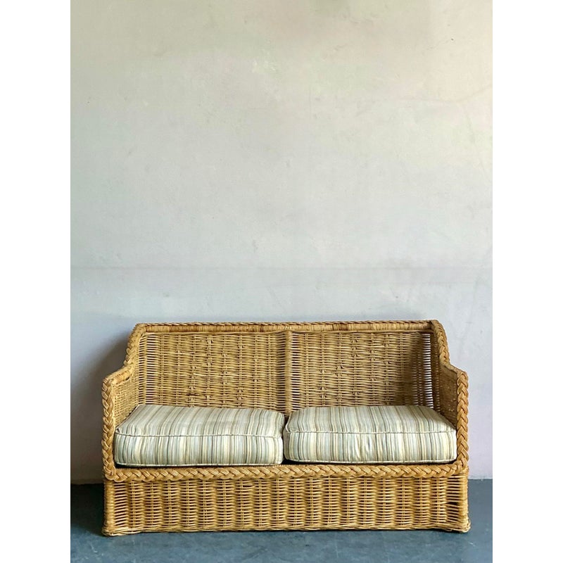 Vintage Coastal Braided Rattan Loveseat - Top view