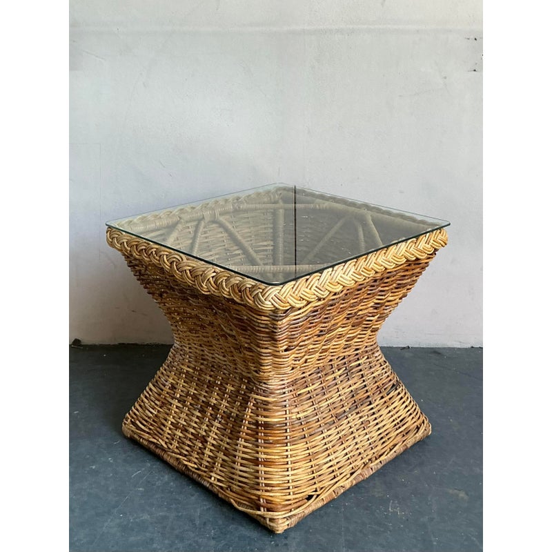 Vintage Coastal Braided Rattan Side Table - Back view