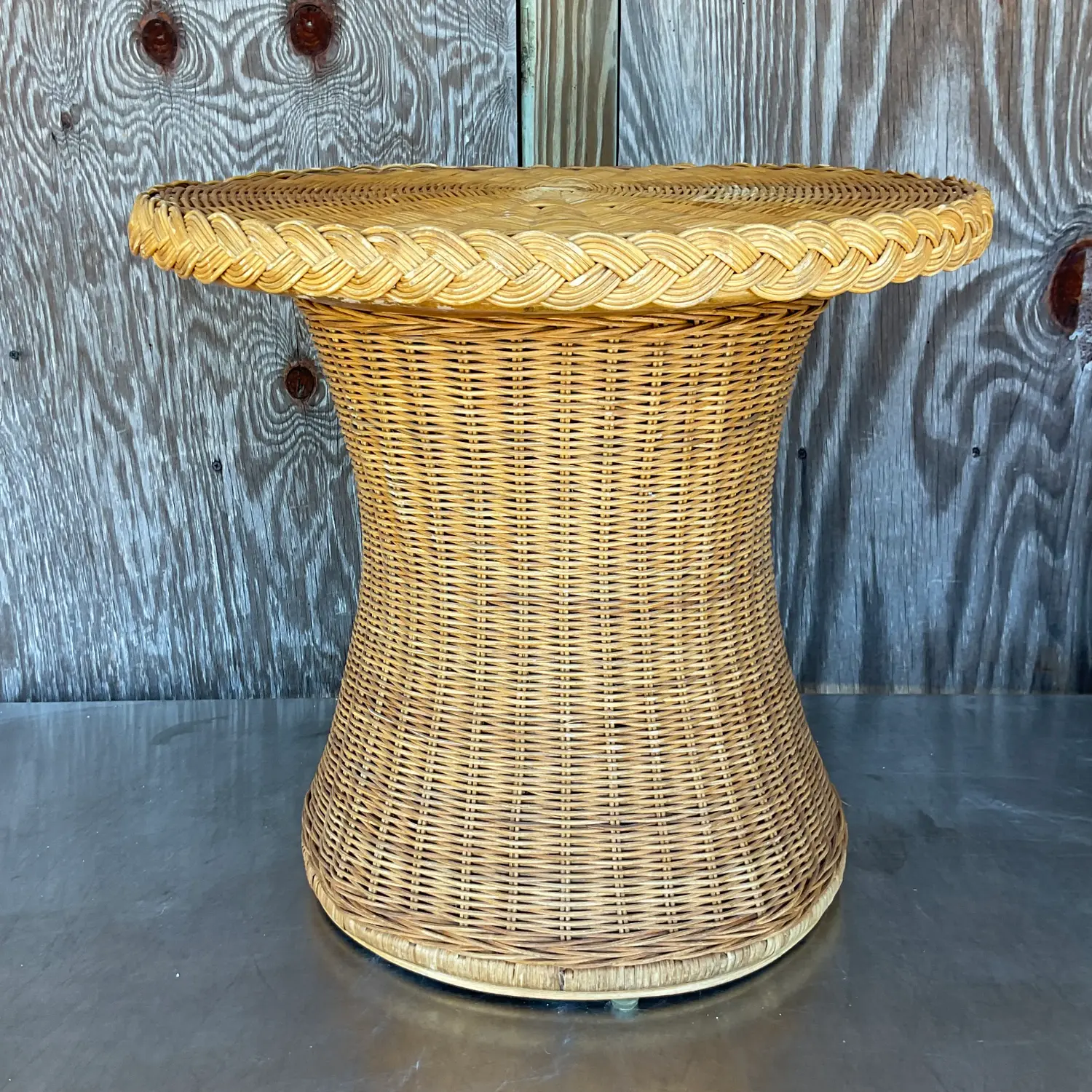 Vintage Coastal Braided Rattan Side Table - Top view