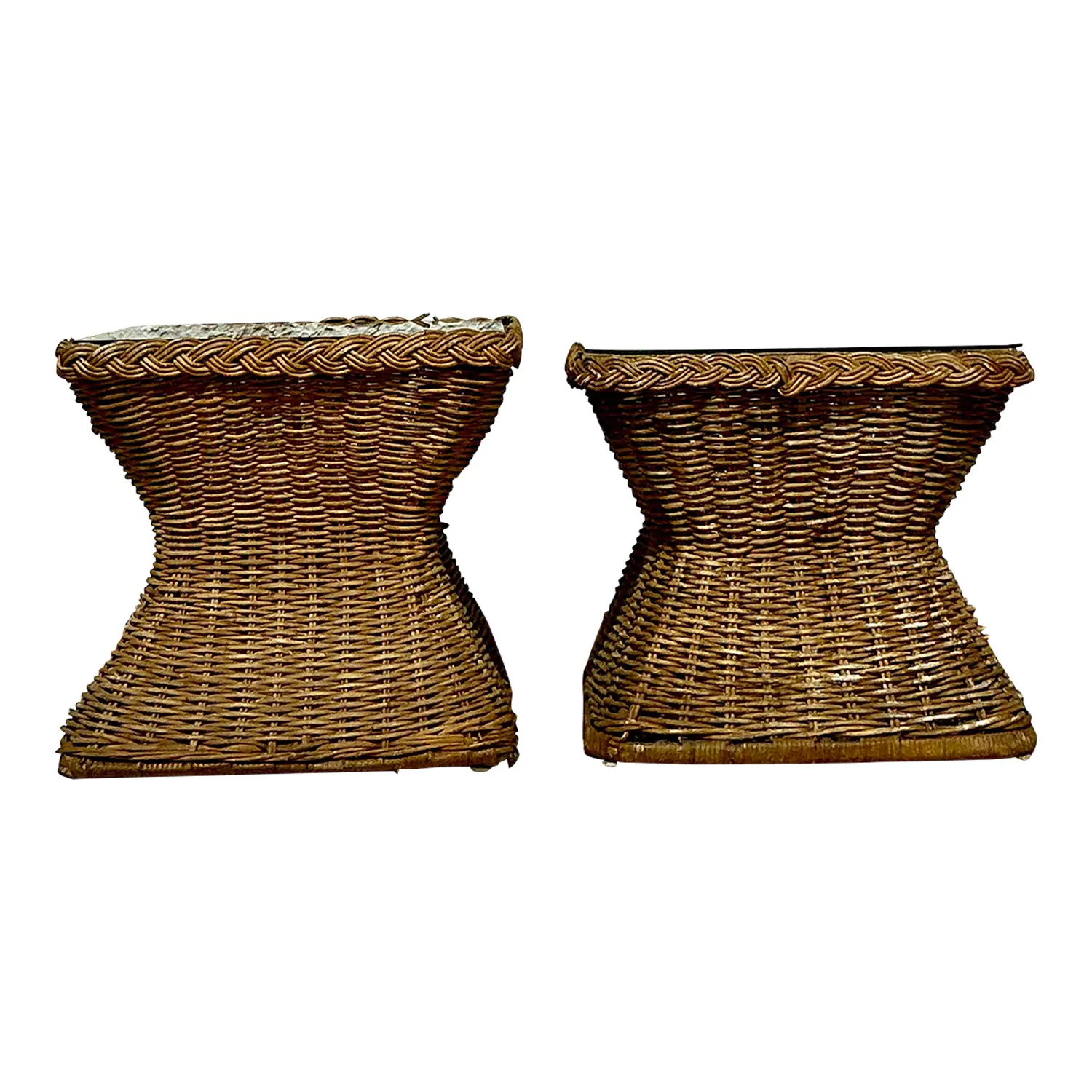 Vintage Coastal Braided Rattan Side Tables - Set of 2