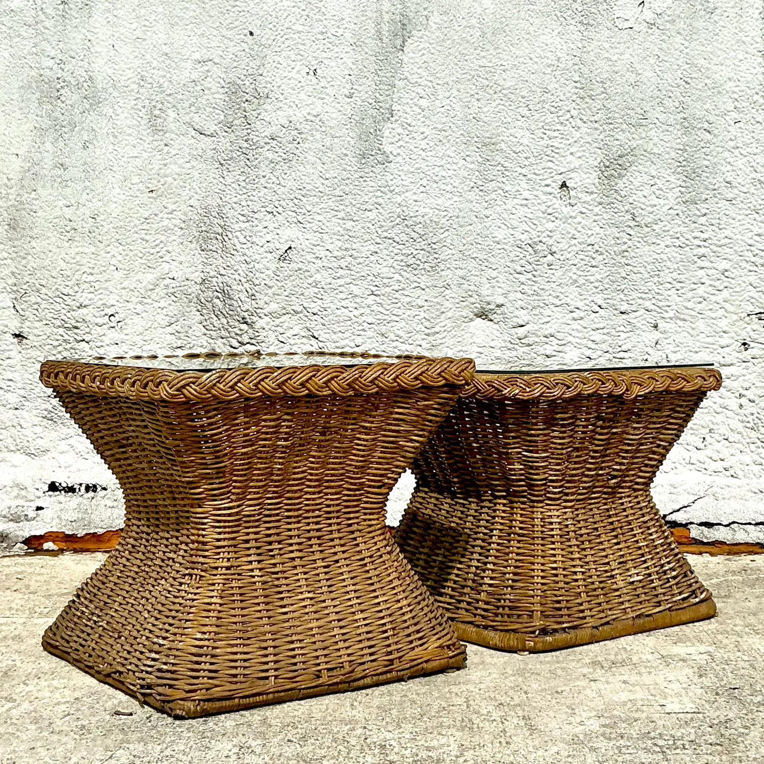 Vintage Coastal Braided Rattan Side Tables - Set of 2 - Top view
