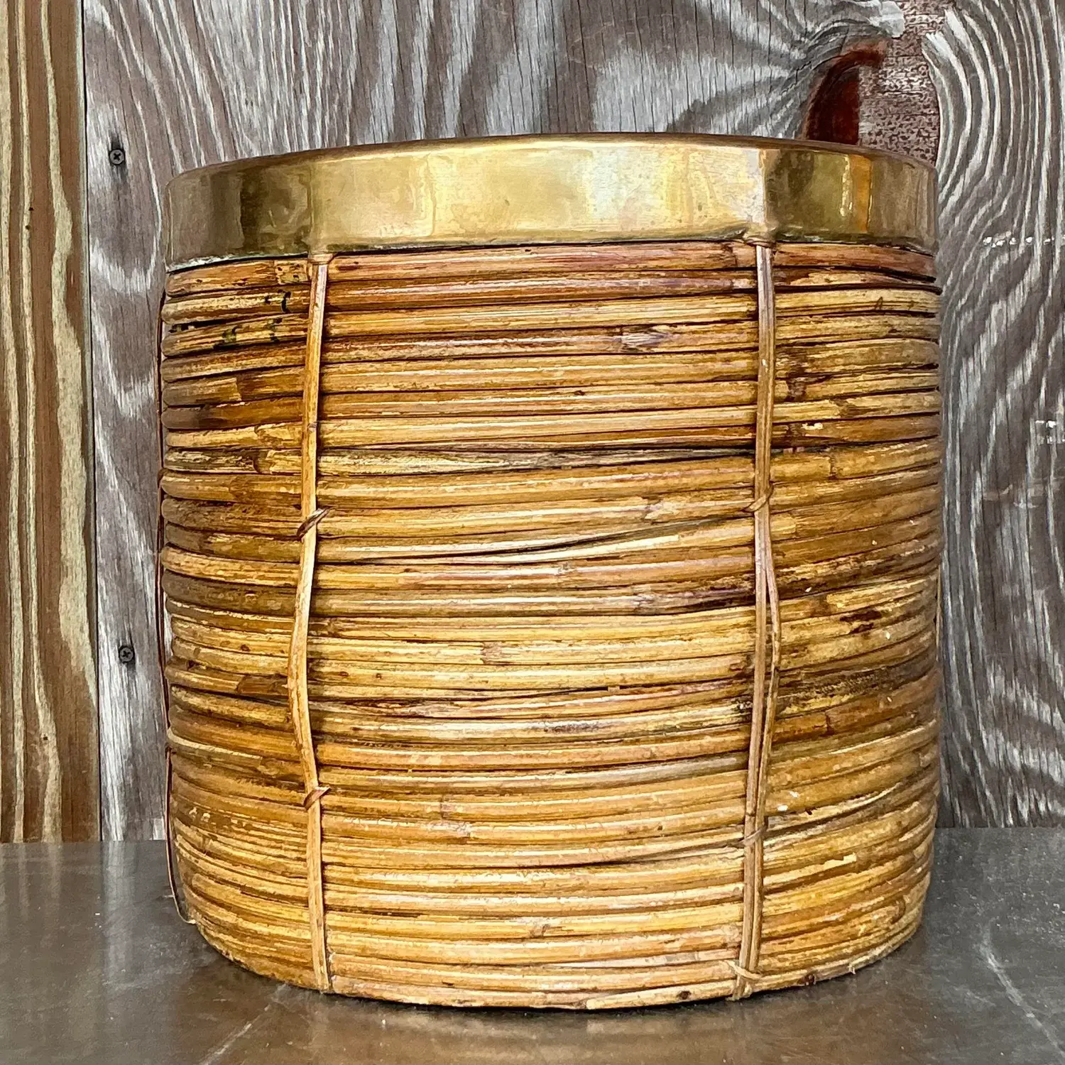 Vintage Coastal Brass and Reed Planter - Top view