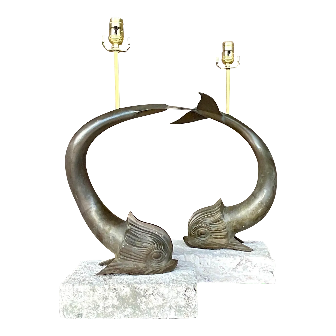 Vintage Coastal Bronze Koi Fish on Coquina Slab Lamps - a Pair - Detail view