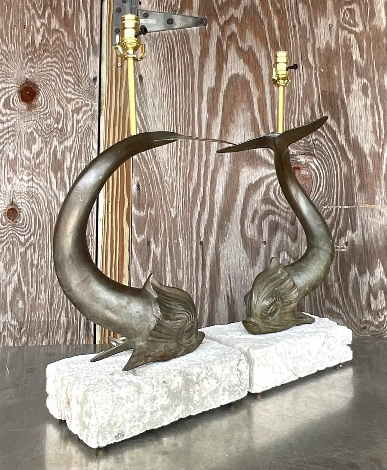 Vintage Coastal Bronze Koi Fish on Coquina Slab Lamps - a Pair - Side view